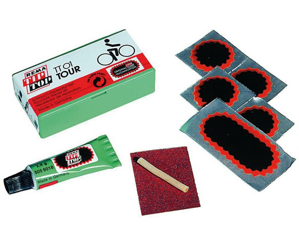 REMA TIP TOP TT01 Tour Fahrrad-Flickzeugset  6 Flicken, Vulkanisierflüssigkeit, Schleifleinen, schnelle Reparatur ohne Wartezeit