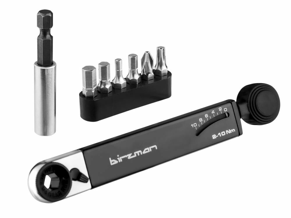Birzman Pocket Drehmomentschlüssel 2-10 Nm, schwarz, kompakt, 1/4" Sechskantaufnahme, inkl. Bits (H3/4/5/6 mm, PH2, T25), 60 mm Verlängerung, 13,5 x 1,3 x 2 cm
