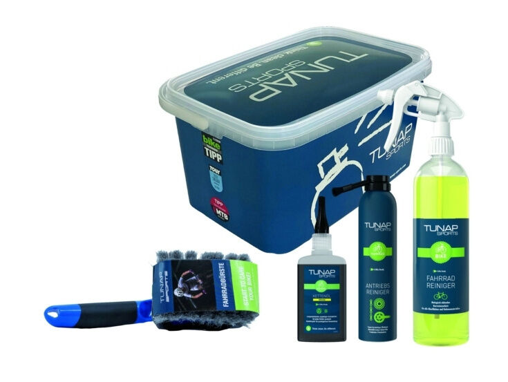 Tunap Sports Set Kettenantrieb  (Fahrrad- & Antriebsreiniger, Kettenöl Ultimate 100 ml, Fahrradbürste, Wascheimer)